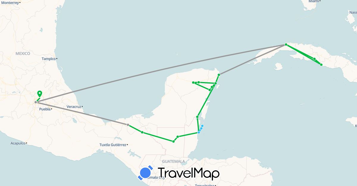 TravelMap itinerary: driving, bus, plane, boat in Belize, Cuba, Guatemala, Mexico (North America)